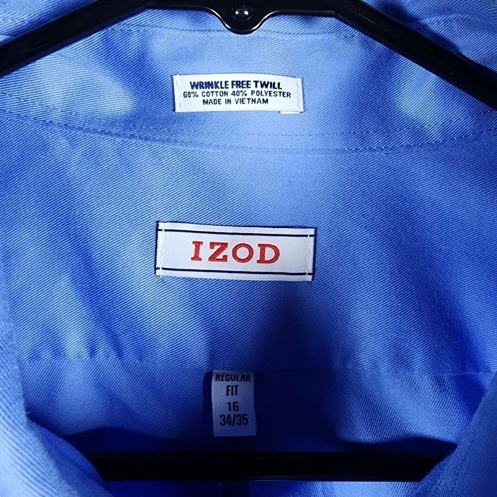 IZOD Wrinkle Free Twill Regular Fit Blue Buttondown Long Sleeve Shirt Size 16 - Picture 5 of 9